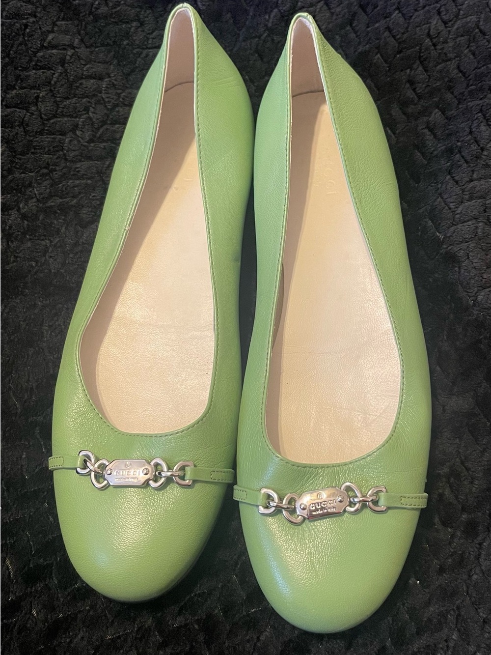 Gucci Light Green Leather Ballet Flats with Silver-Tone Logo Bit